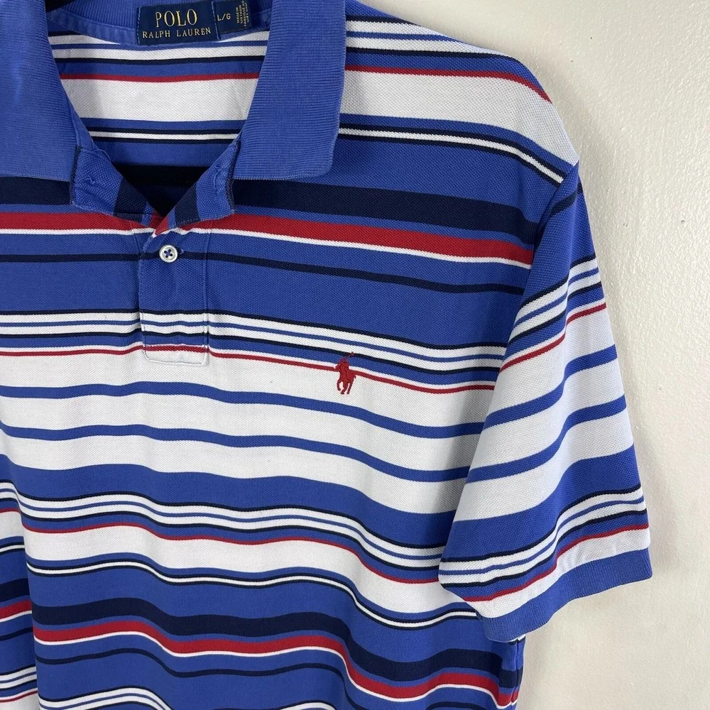 Polo Ralph Lauren Shirt Mens Large Blue White Striped Short Sleeve Top‎ Cotton